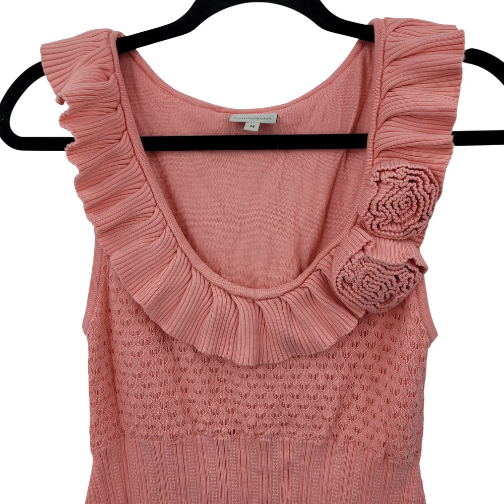 Boston Proper Coral Pink Ruffle Rosette Knit Sleeveless Sweater Top Sz M